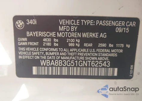 2016 BMW 340I from USA, damaged, VIN WBA8B3G51GNT62543